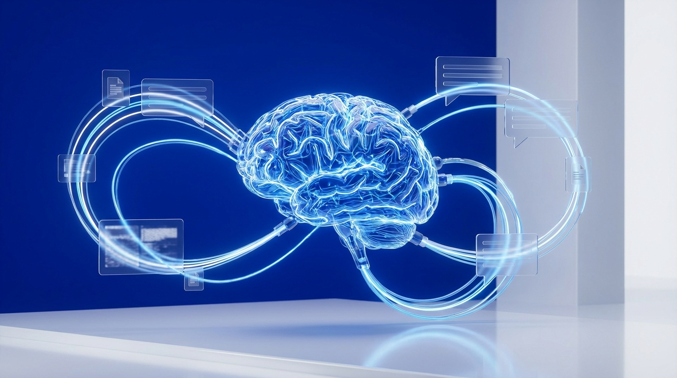 An AI brain connected to chat bubbles citing sources representing generative engine optimization