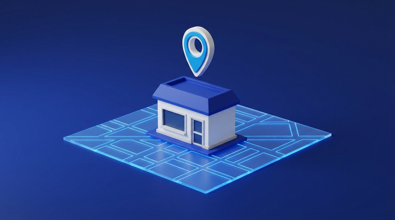 A local shop on a glowing map with a location pin representing local SEO