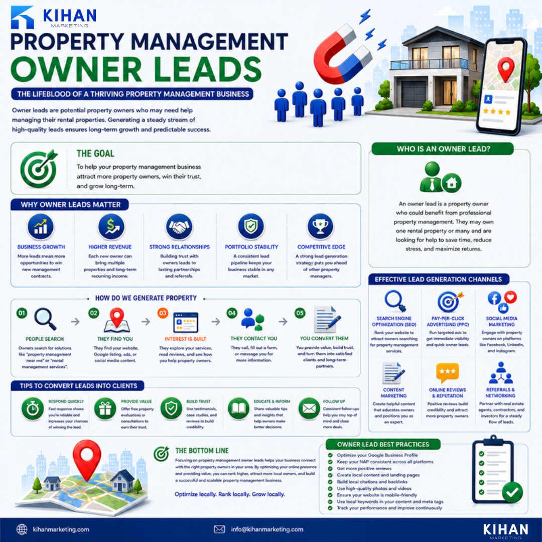 How Property Managers Get More Owner Leads (Not Tenant Leads) infographic by Kihan Marketing