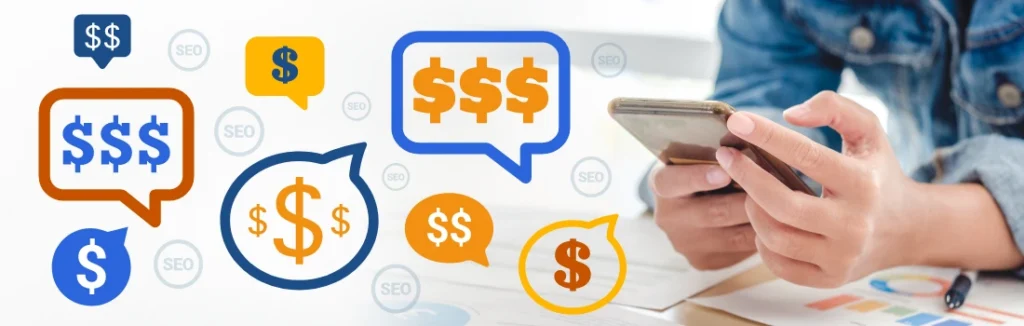 Person using a smartphone amid colorful money icons, illustrating online payments/fintech concepts