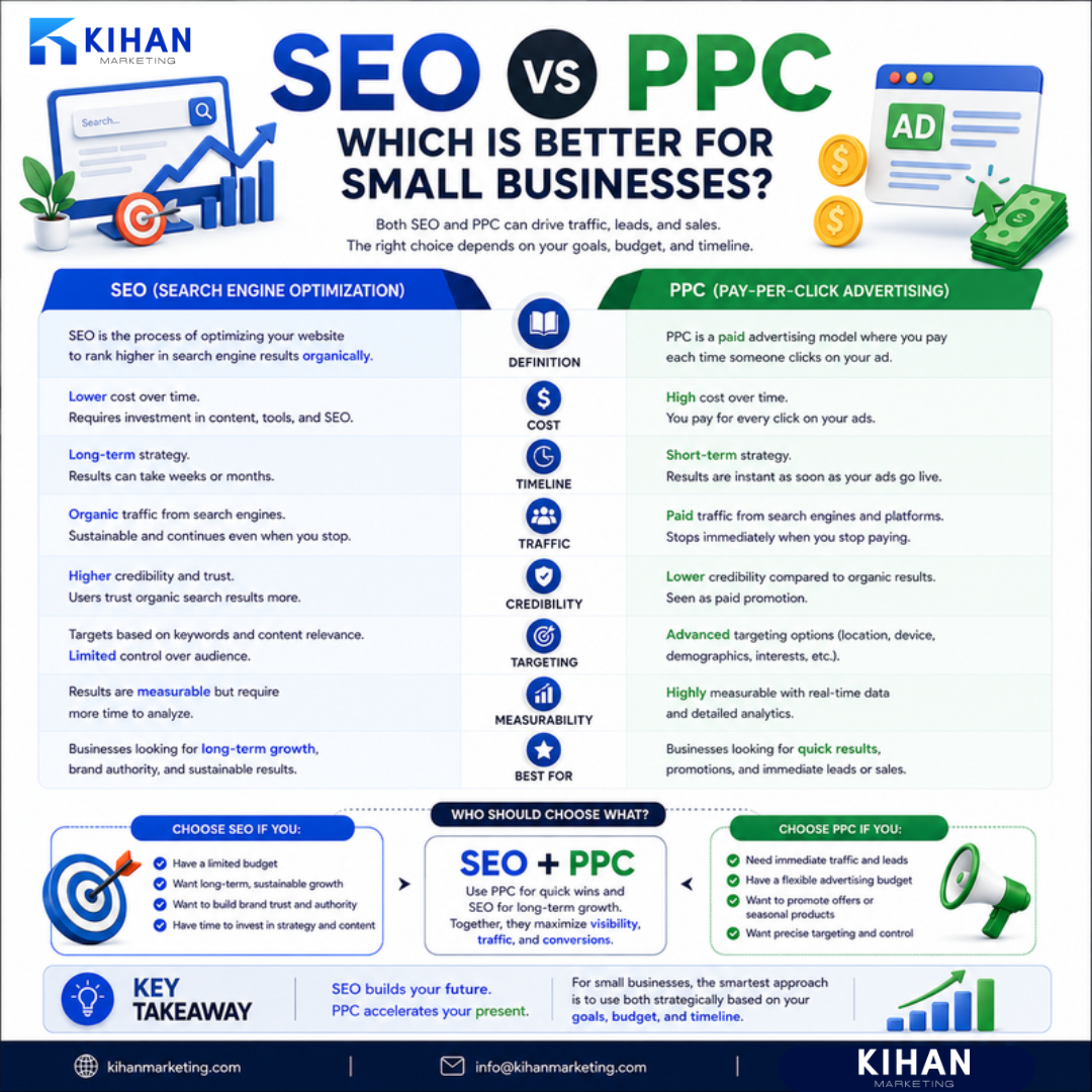 SEO vs PPC: Which Is Better for Small Businesses? infographic by Kihan Marketing