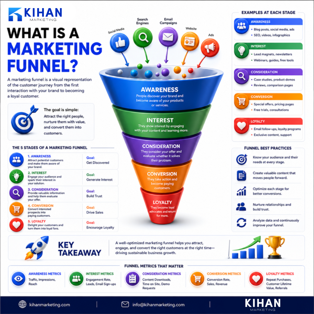 What Is a Marketing Funnel? A Simple Guide for Small Businesses infographic by Kihan Marketing