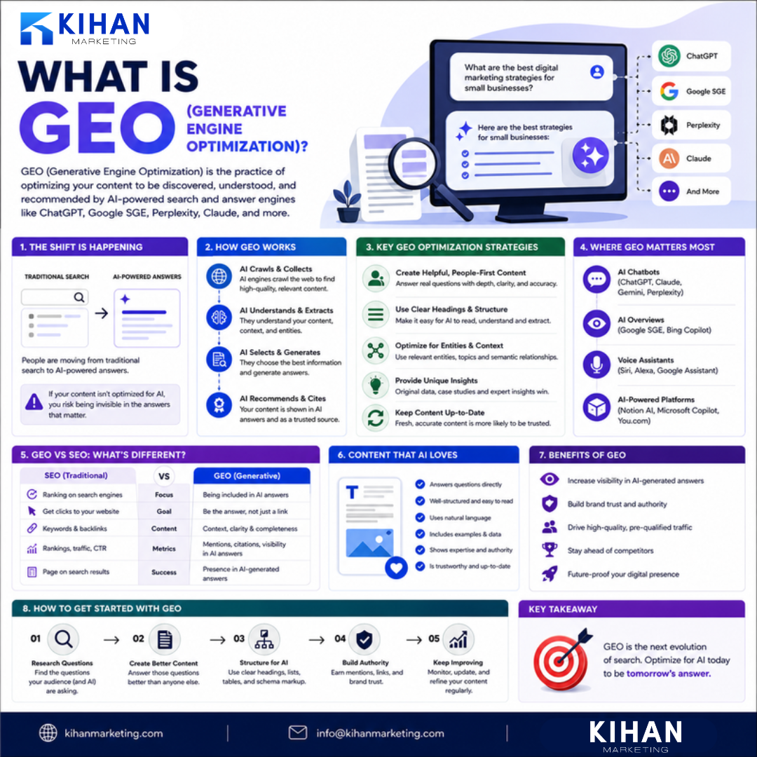 What Is GEO (Generative Engine Optimization)? 2026 Guide infographic by Kihan Marketing