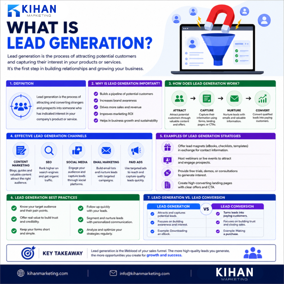 What Is Lead Generation? How It Works for Service Businesses infographic by Kihan Marketing