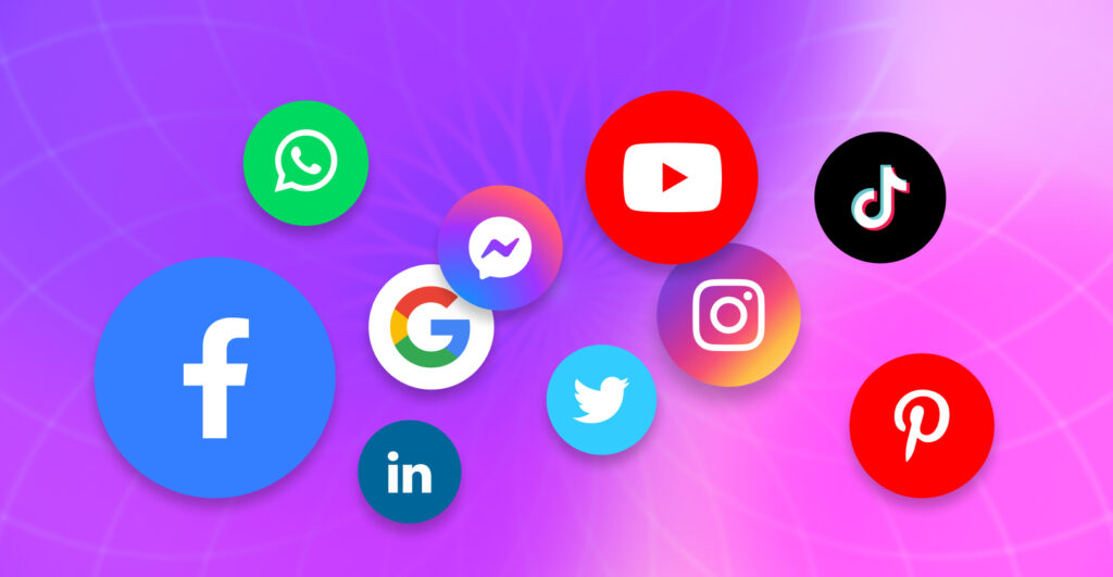 Cluster of colorful social media icons on a purple-pink gradient background.