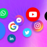 Cluster of colorful social media icons on a purple-pink gradient background.