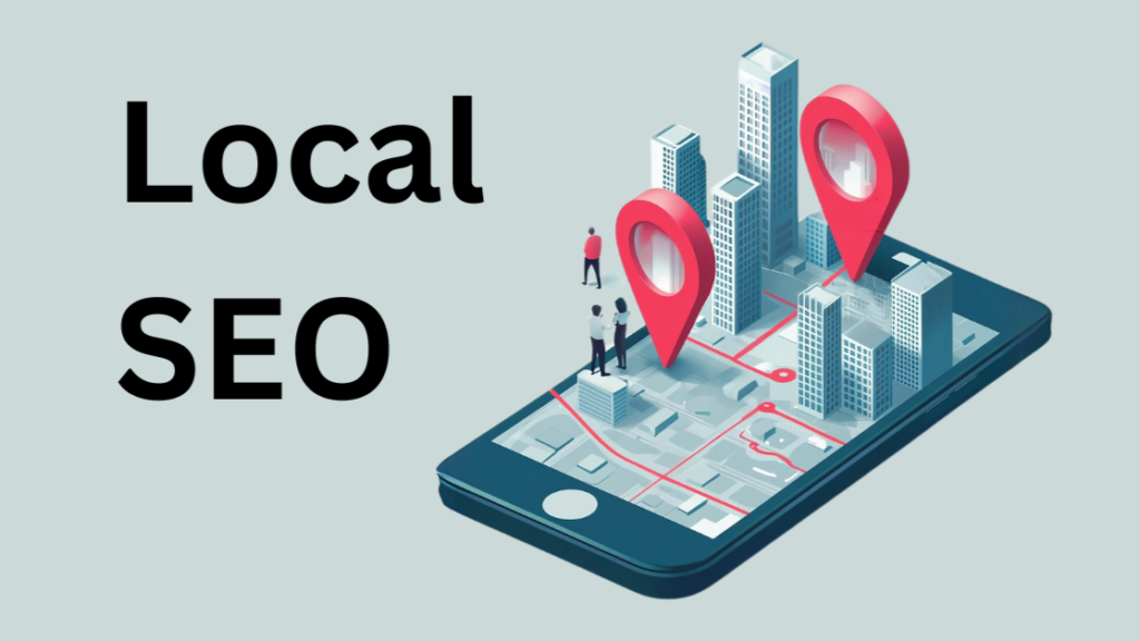 Illustration of a smartphone displaying a city map with red location pins for Local SEO and nearby buildings.