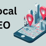 Illustration of a smartphone displaying a city map with red location pins for Local SEO and nearby buildings.