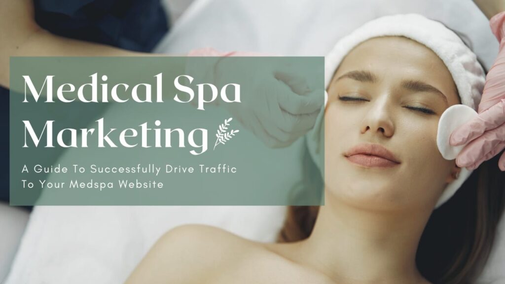Green translucent banner reads 'Medical Spa Marketing' with a spa treatment scene in the background; subtitle 'A Guide To Successfully Drive Traffic To Your Medspa Website' visible.