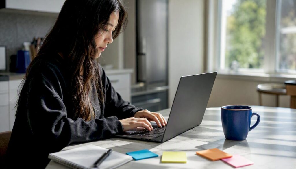 Hands typing on laptop setting up ads