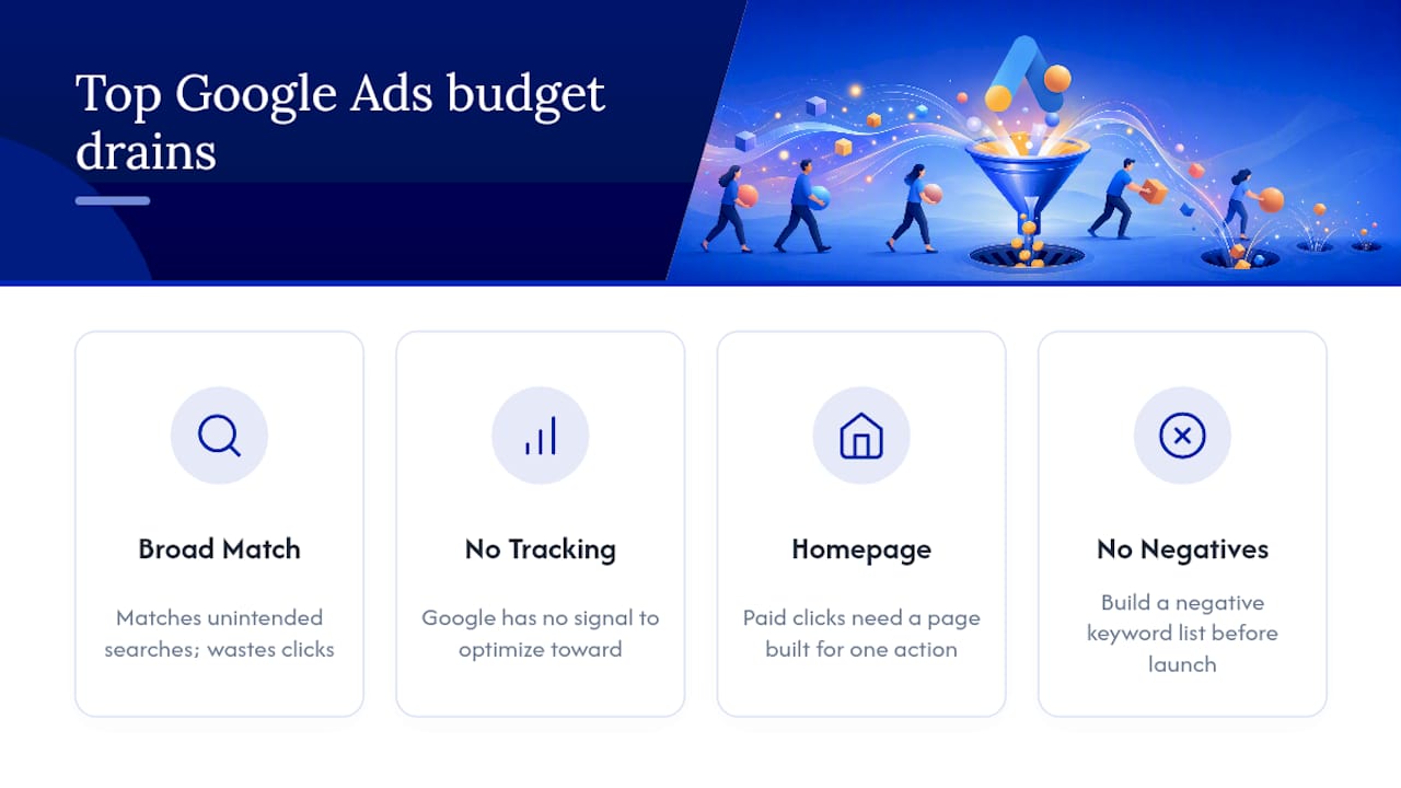Icons representing common Google Ads mistakes