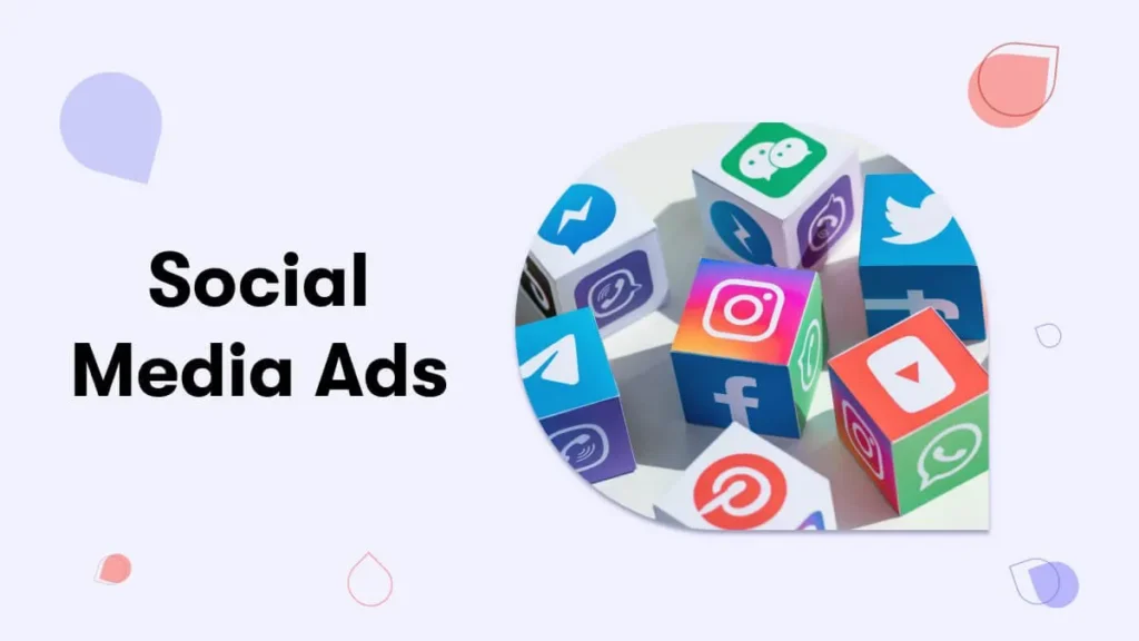 Banner with the text 'Social Media Ads' and a circular collage of social media icons on cubes beside it.
