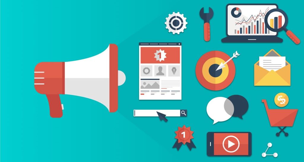 Megaphone with marketing icons: search bar, laptop charts, target, envelope, chats, and mobile video on teal background