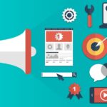 Megaphone with marketing icons: search bar, laptop charts, target, envelope, chats, and mobile video on teal background