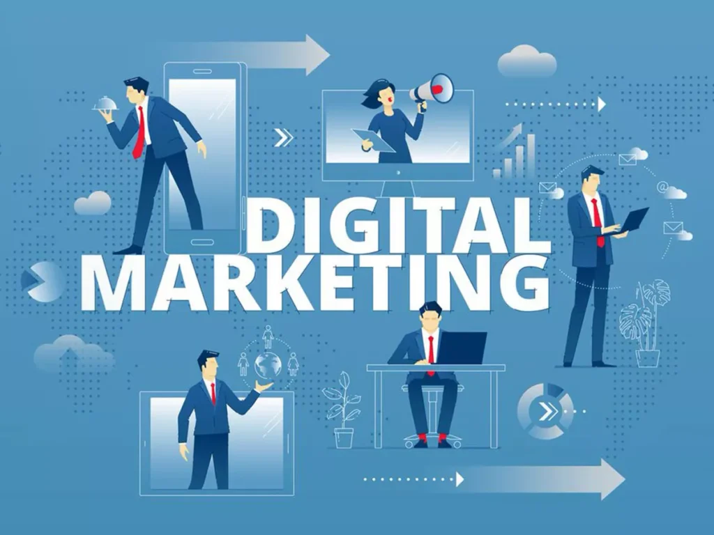 Blue illustration of businesspeople and screens around the large text 'DIGITAL MARKETING' on a blue background, depicting digital marketing concepts.