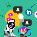 Hands hold smartphones with social icons (TikTok, Instagram, LinkedIn) and chat bubbles on a teal background, conveying online engagement.
