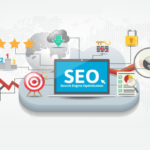 Overview of SEO and digital marketing: laptop displaying 'SEO' with global connectivity icons, a rising arrow, and search-related graphics emphasizing optimization and growth.