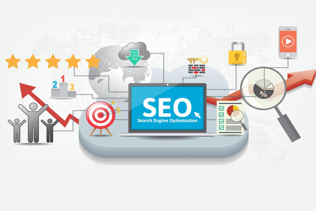 Overview of SEO and digital marketing: laptop displaying 'SEO' with global connectivity icons, a rising arrow, and search-related graphics emphasizing optimization and growth.