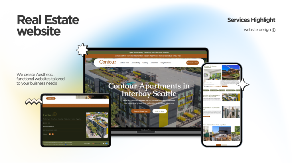 Hero collage showing a real estate website on a laptop and mobile devices, promoting Contour Apartments in Interbay Seattle.