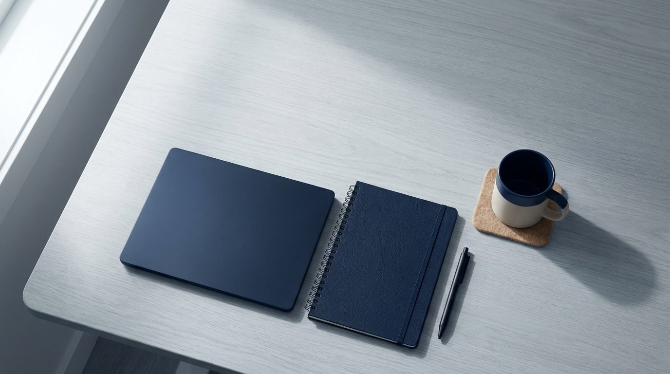 A tidy modern workspace from above with a closed laptop