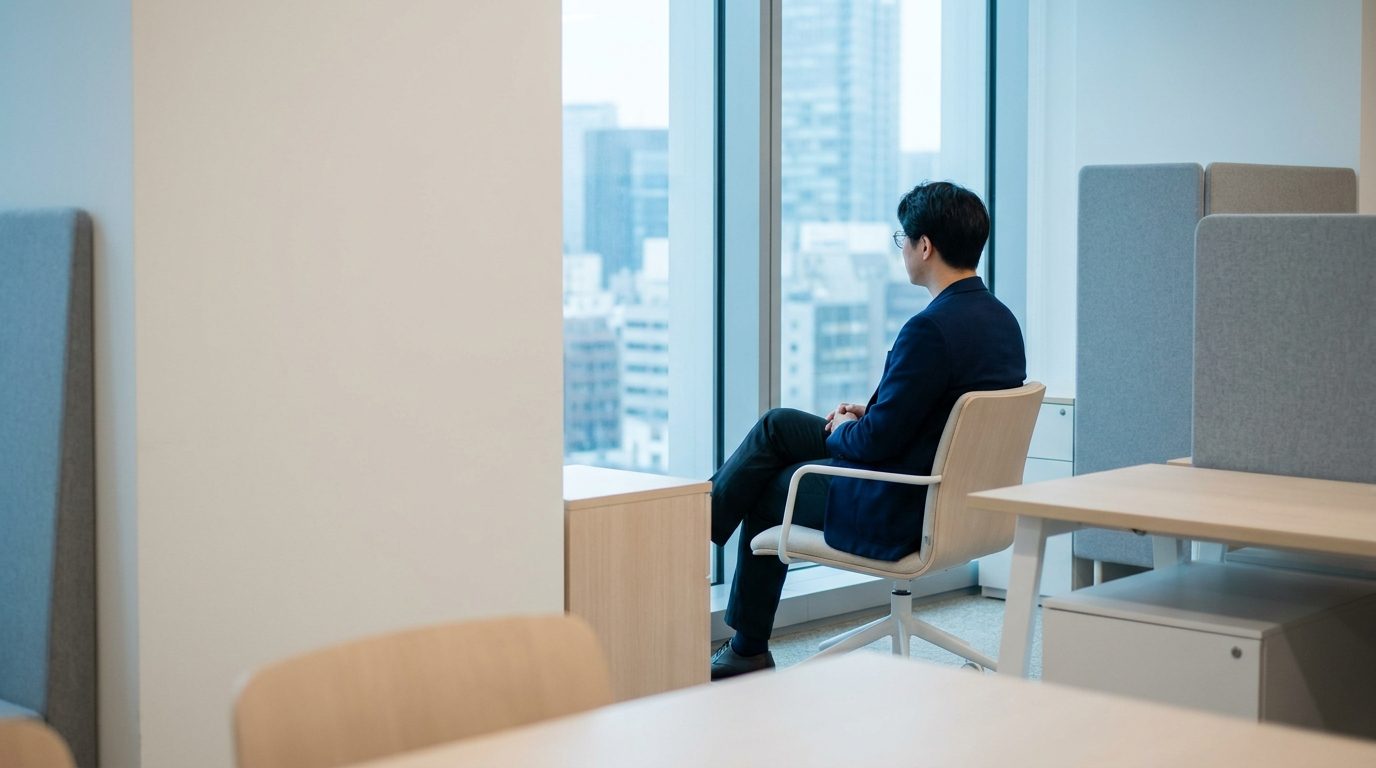 A person sits alone in a quiet modern office looking out of a large window