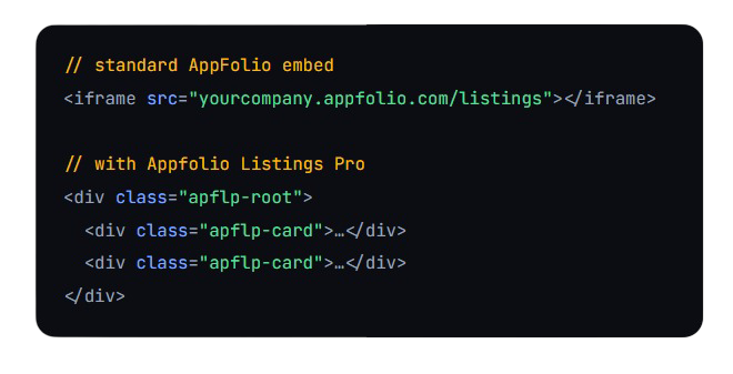 Code sample showing a standard AppFolio embed: an iframe with src 'yourcompany.appfolio.com/listings' and a root div containing two 'apflp-card' divs (listings cards).