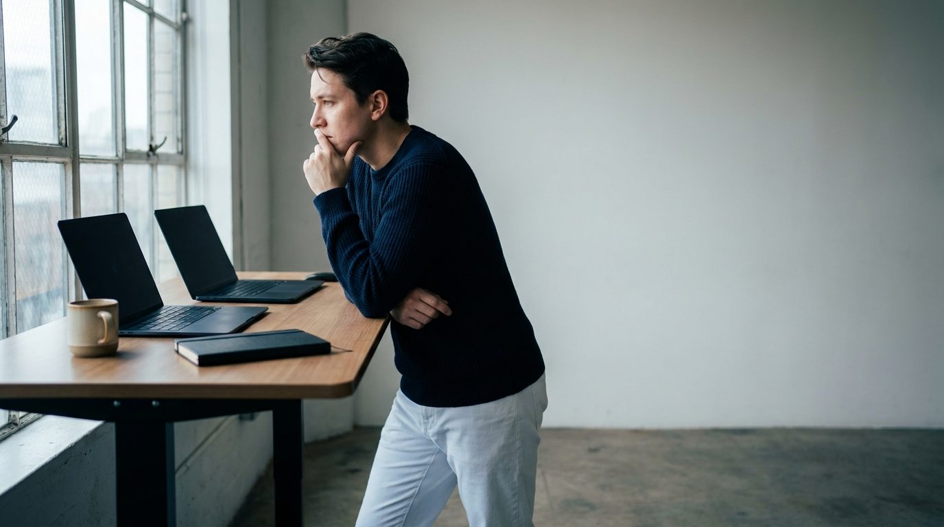 A person at a standing desk with two closed devices and a notebook