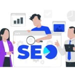 A team of professionals works on an SEO dashboard, with a large 'SEO' on screen and a magnifying glass symbolizing optimization.