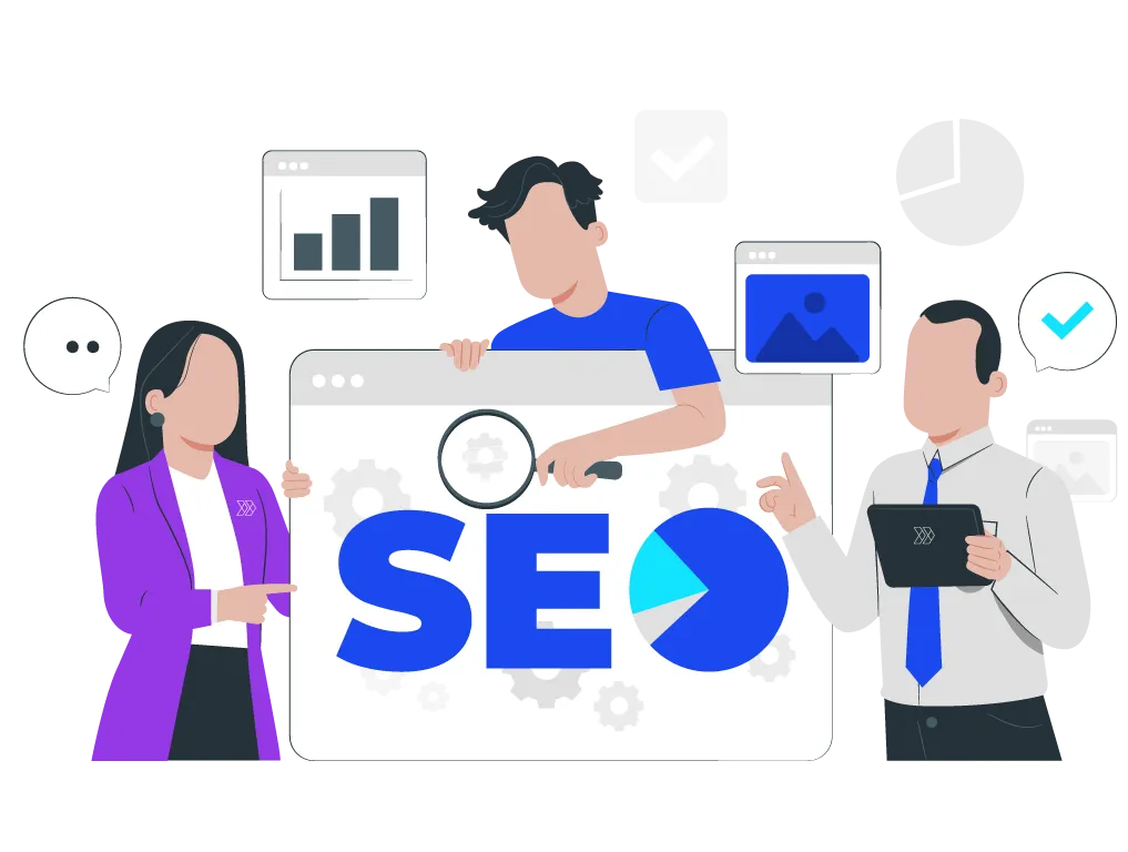 A team of professionals works on an SEO dashboard, with a large 'SEO' on screen and a magnifying glass symbolizing optimization.