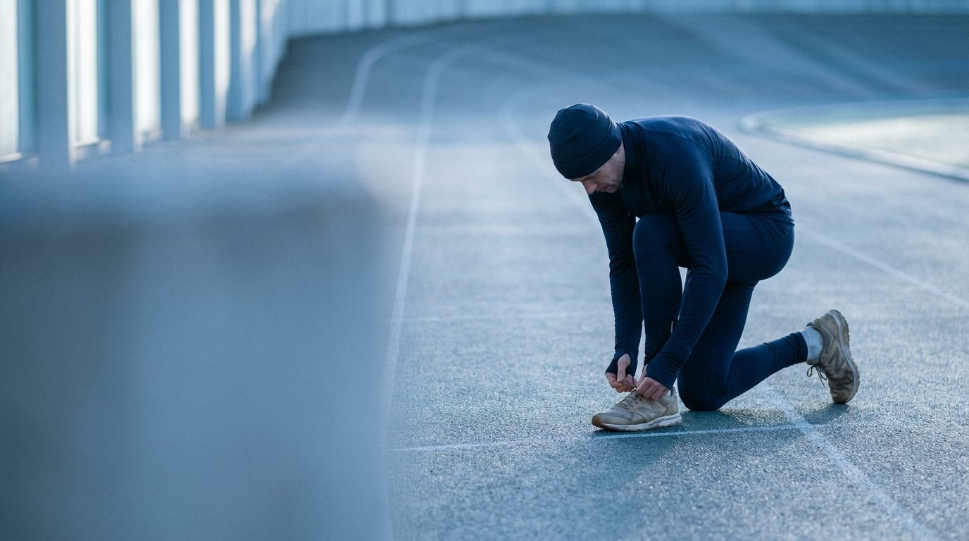 A runner tying a shoelace on a starting line at dawn