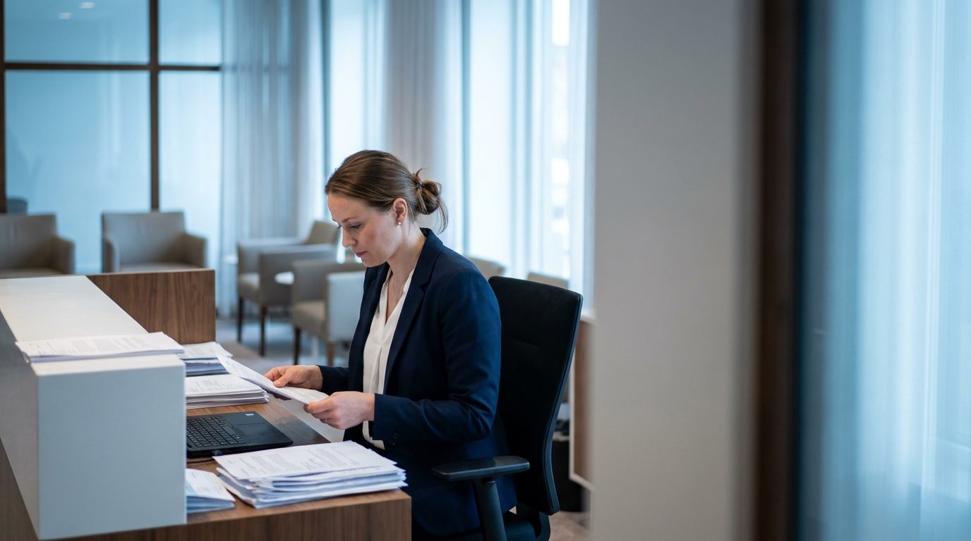 A dental practice manager at a reception desk reviewing paperwork
