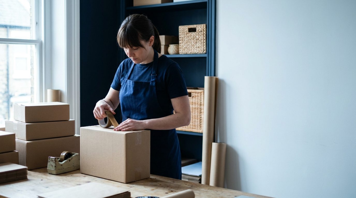A small online-shop owner packing orders into boxes at a workbench