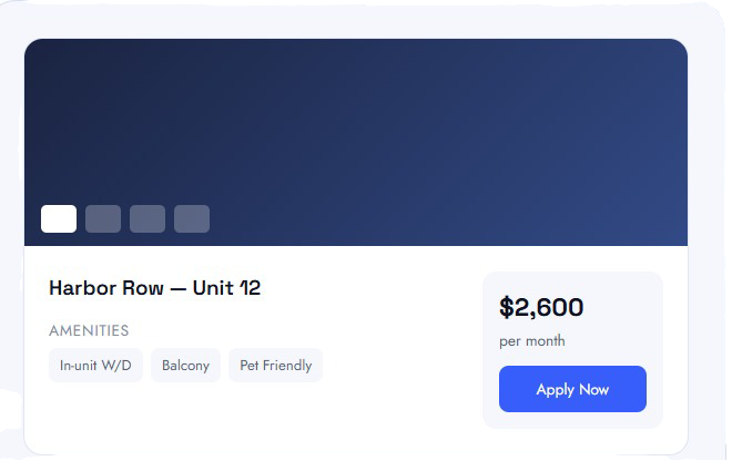 Property card for Harbor Row, Unit 12 with rent 