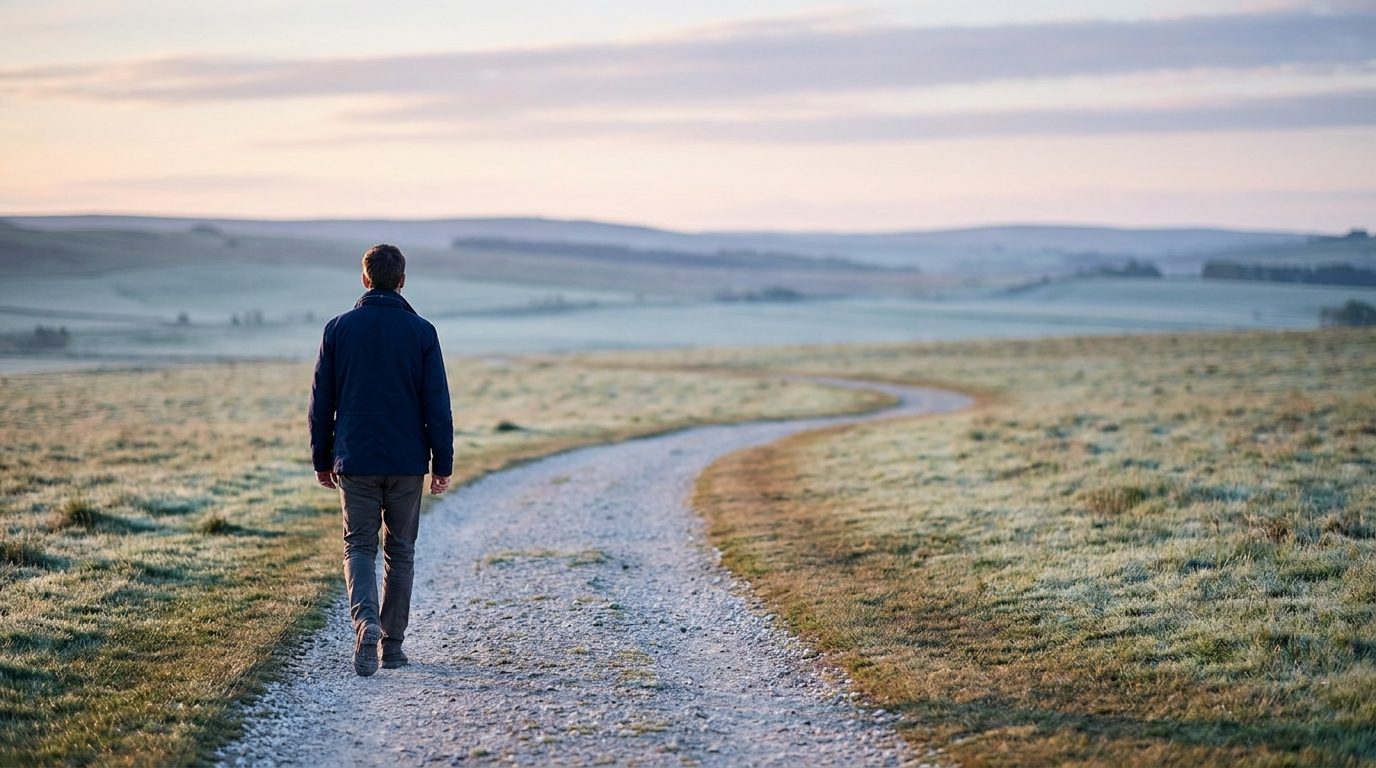 A wide calm shot of a person walking a long path through open landscape at first light