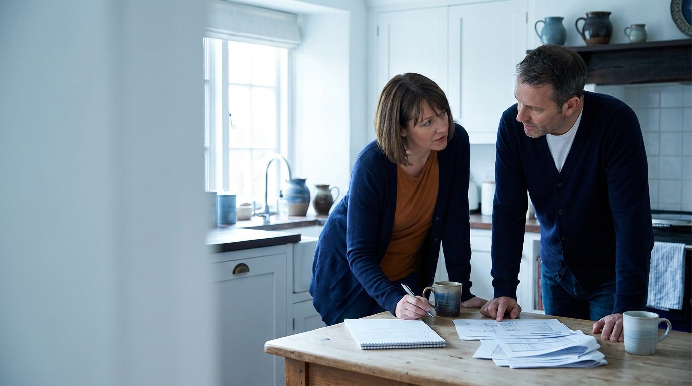 A couple who run a small business sit together at a kitchen table with a notepad and printed estimates
