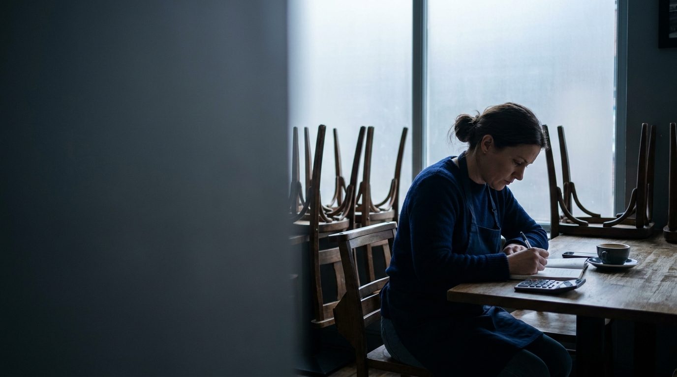 A cafe owner sits doing monthly figures with a calculator and notebook