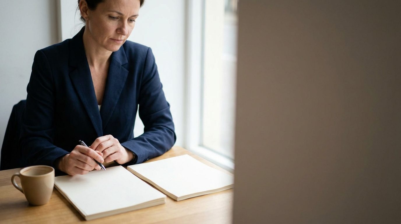 A small business owner in her forties sits at a bright meeting table reviewing two printed proposals side by side