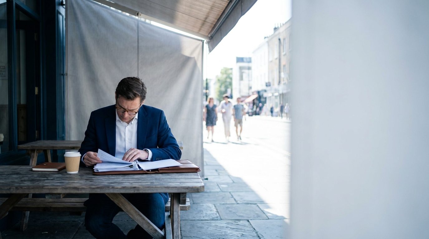 A business owner reviews documents at a shaded outdoor table