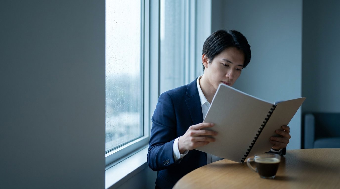 A business owner reads a printed proposal by a tall window on an overcast morning