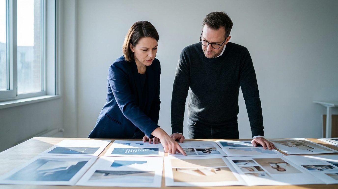 A business owner and a designer look together at printed layout sheets spread across a table