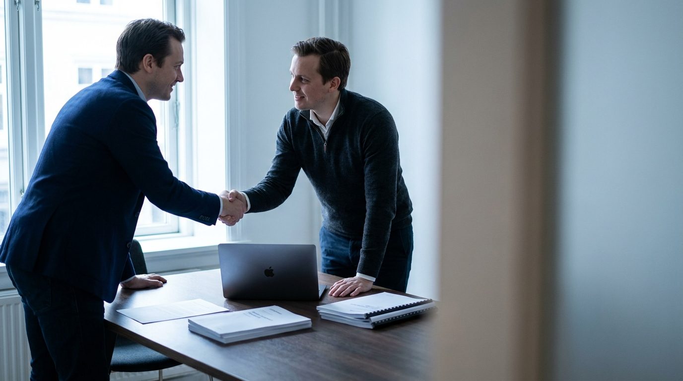 Two people shake hands across a desk at the end of a meeting