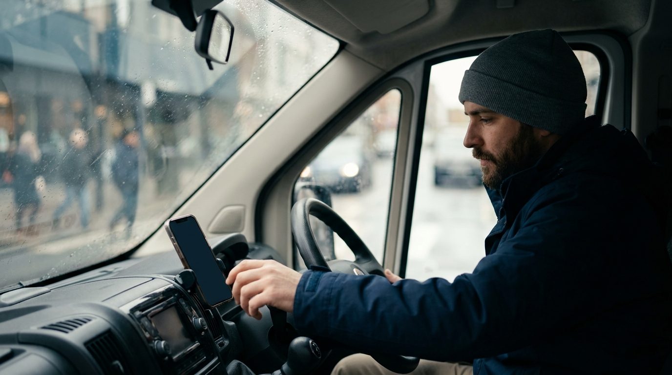 A delivery driver checks a phone mounted in a van before setting off