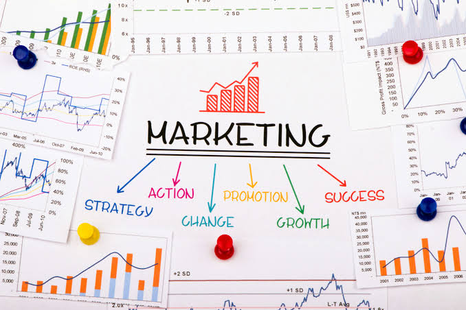 A central 'MARKETING' board with a red bar chart icon, arrows to Action, Promotion, Growth, Change, Strategy, and Success, surrounded by graphs and charts at work.
