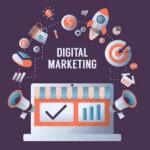 Digital marketing concept with a laptop storefront and floating icons around it on a purple background