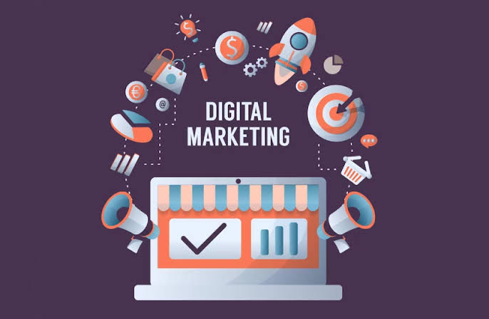Digital marketing concept with a laptop storefront and floating icons around it on a purple background
