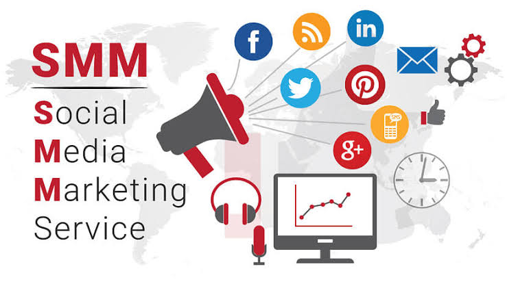 SMM and social media icons orbit a megaphone with a computer displaying a rising graph, representing social media marketing services.