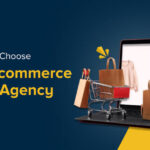 Hero banner: dark blue left with 'How To Choose An Ecommerce SEO Agency' and a laptop with shopping bags on the right, yellow accents.