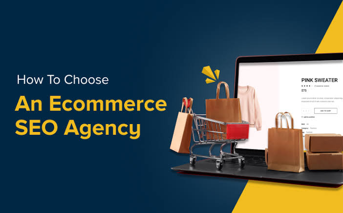 Hero banner: dark blue left with 'How To Choose An Ecommerce SEO Agency' and a laptop with shopping bags on the right, yellow accents.