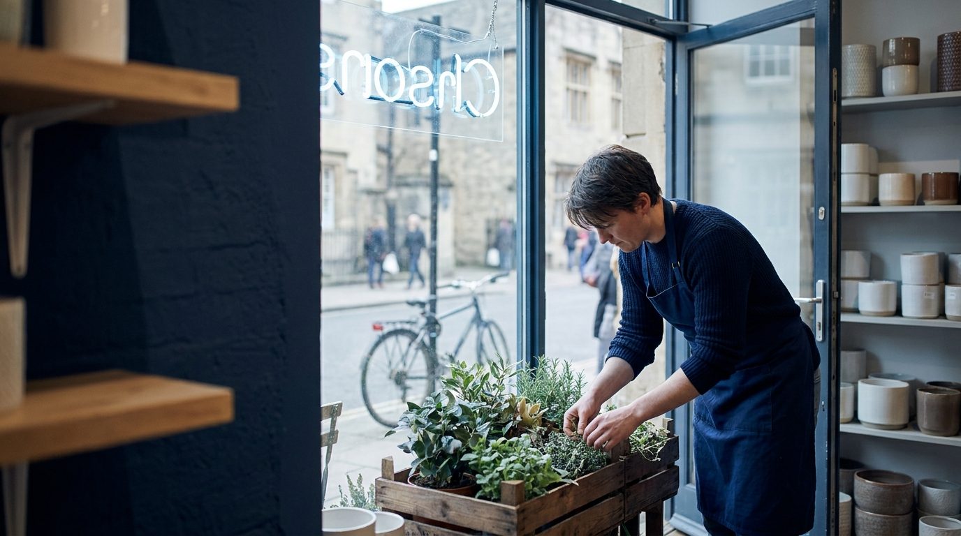 A florist arranges stock at the shopfront door