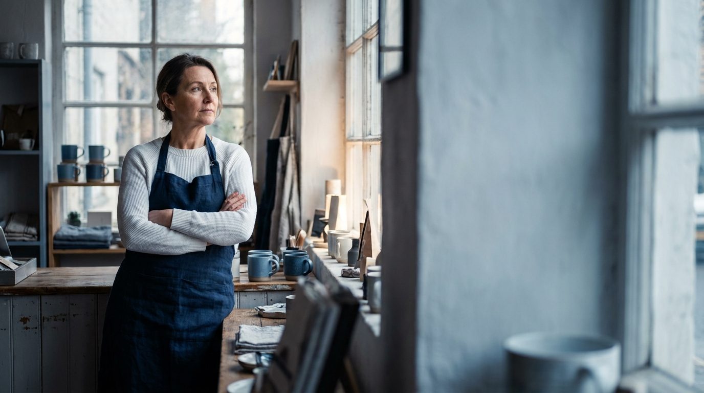 A shop owner leans on the counter of her small business at quiet hour